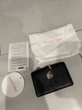 See By Chloé Black Leather Card Wallet with Gold Charm